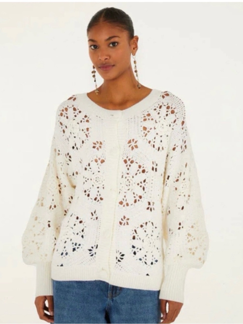 Farm Rio NEW Off-White Crochet 3d Flower Knit Cardigan